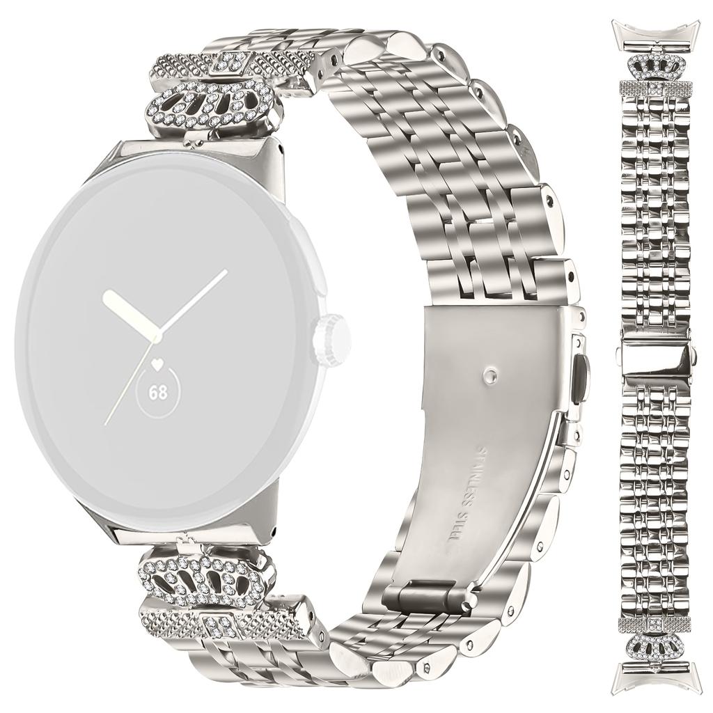 For Google Pixel Watch 2/Pixel Watch Watch Band 7-Bead Rhinestone Crown Stainless Steel Strap