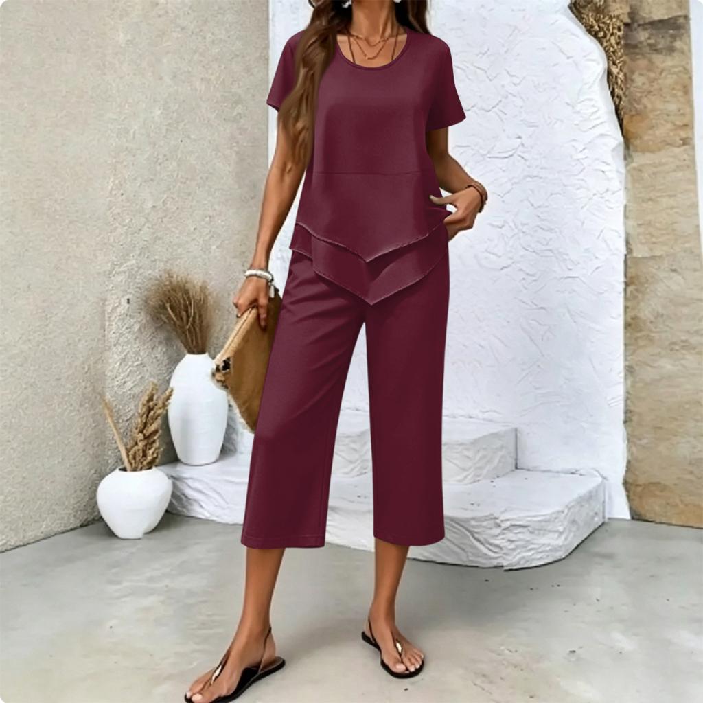 Women's Casual Two Piece Set Short Sleeve Round Neck Top with Layered Hem and Cropped Wide Leg Pants Comfortable Lounge Outfit