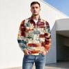 Men's Fall Winter Paneled Print Zip Neck Pullover with Stand Collar Casual Wrinkle- Athletic Top