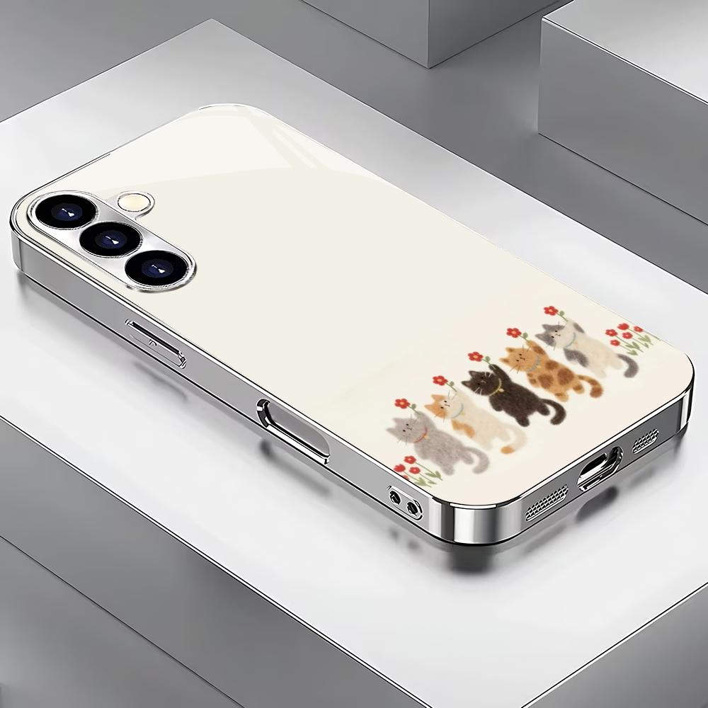 

Cute little flower cat silver plated glass phone case suitable for Samsung Galaxy S26 S25 S24 S22 S21 S20FE/Ultra/Plus anti fall GalaxyS24FE