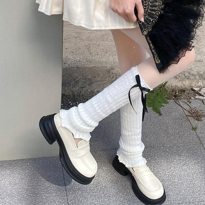 Women Sweet Bowknot Arm Leg Sleeves Ruffled Trim Sun Protective Ribbed Knit Arm Leg Covers Fingerless Gloves Accessories