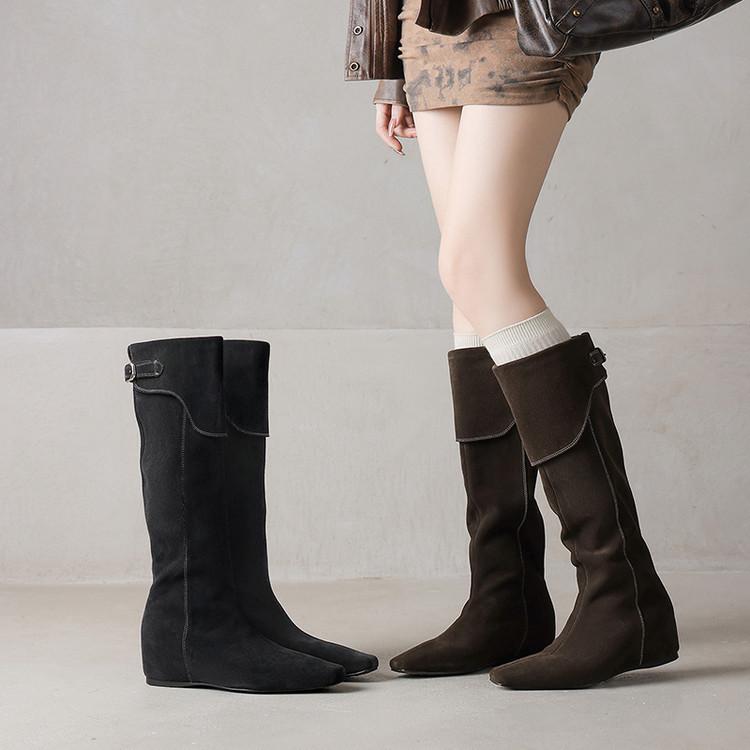 Blogger Wear~ 2025 Suede Square Heel Lapel Western Boots Tall Knight Boots Brown Boots Women