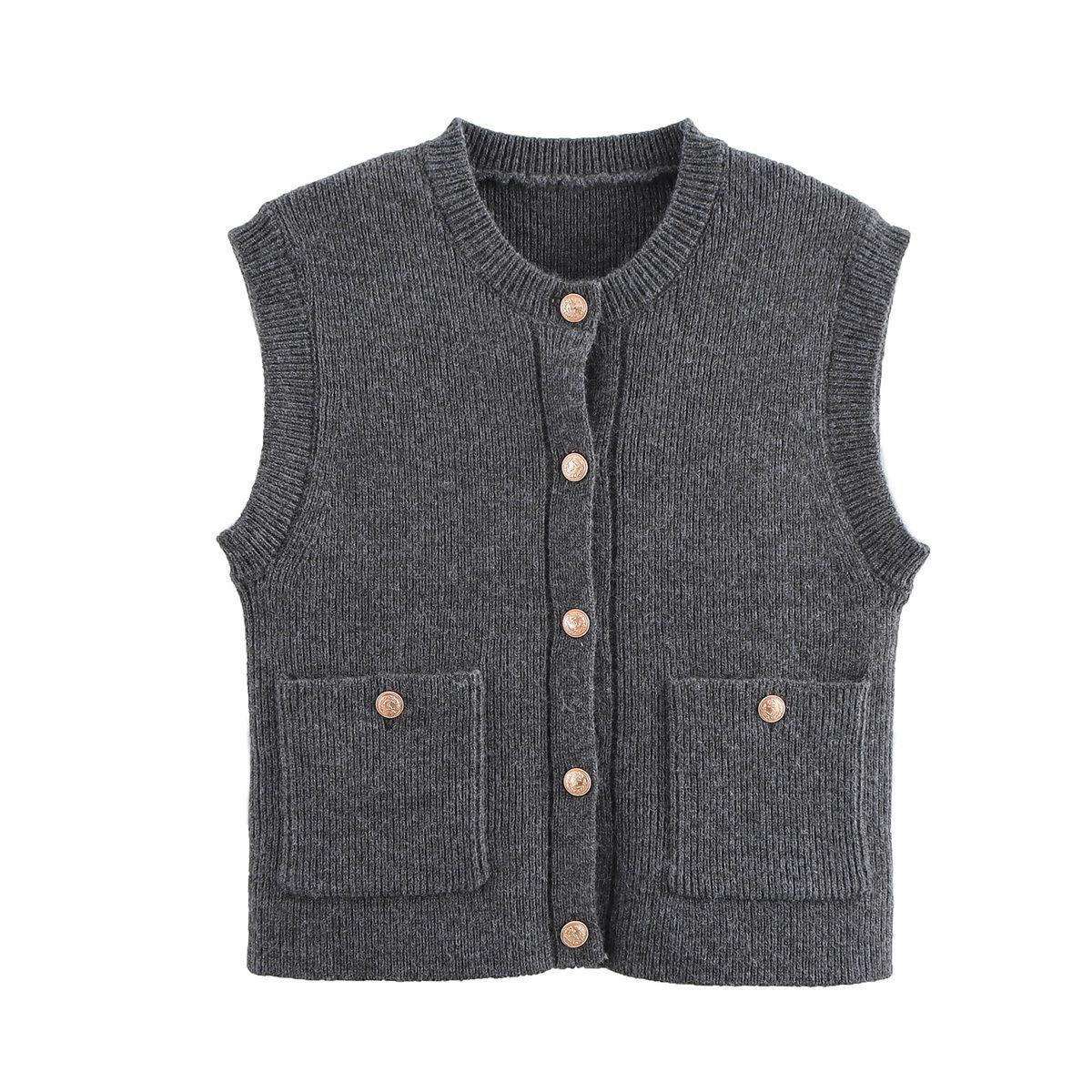 

Европейская и американская женская мода осень/зима 2024 года: Однотонный вязаный жилет-топ Large серый