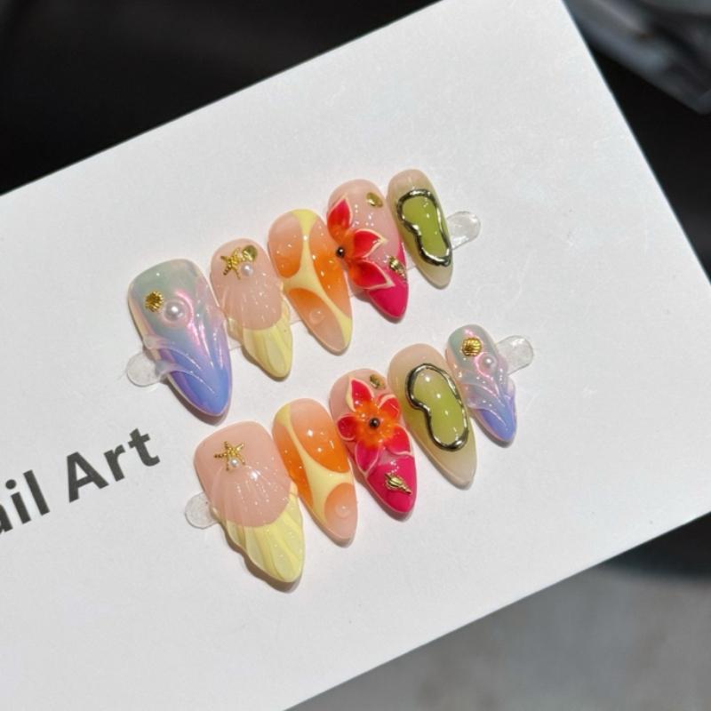 10Pcs Handmade Iridescent Fake Nails with Starfish & 3D Floral Metal Accents XS