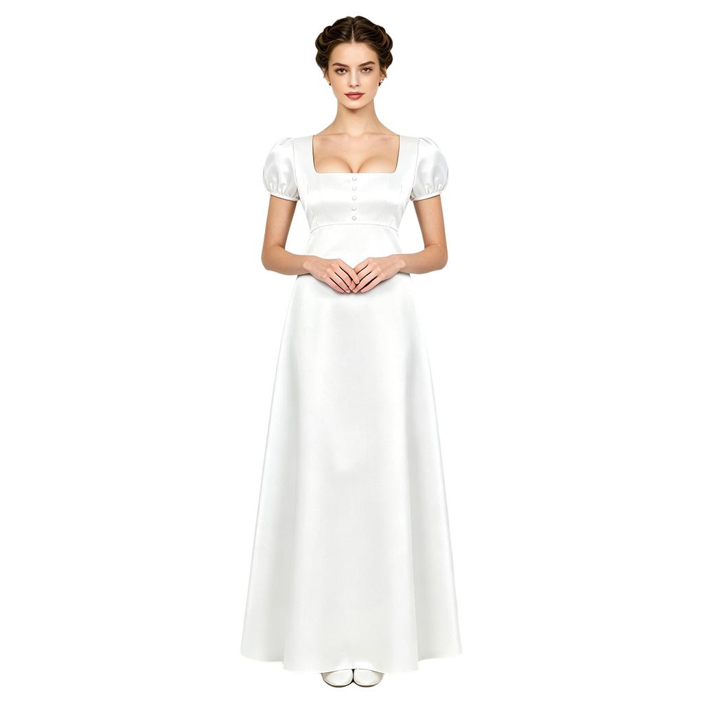 Maxikleid mit quadratischem Ausschnitt und Puffärmeln, mit Kunstperlen, Empire-Taille, Knöpfe hinten, Satin, Regency-Kleid für Damen, Party, Ball
