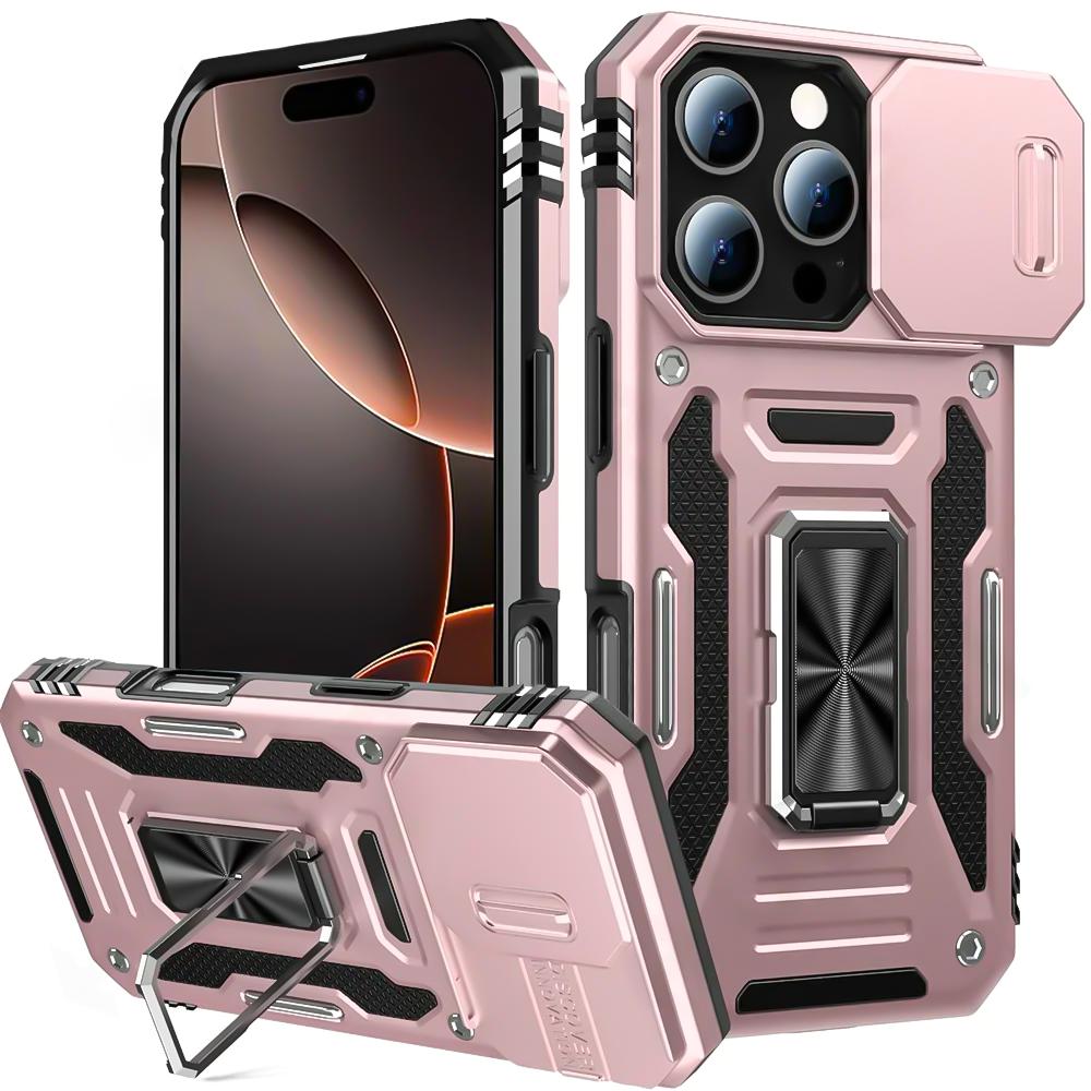 

Противоударный чехол-защитник с выдвижной камерой для iPhone 16 15 13 12 11 17 Pro Max 14 Plus 16E 17 Air с металлическим кольцом-подставкой и магнитной крышкой iPhone 15 Pro Max розовый