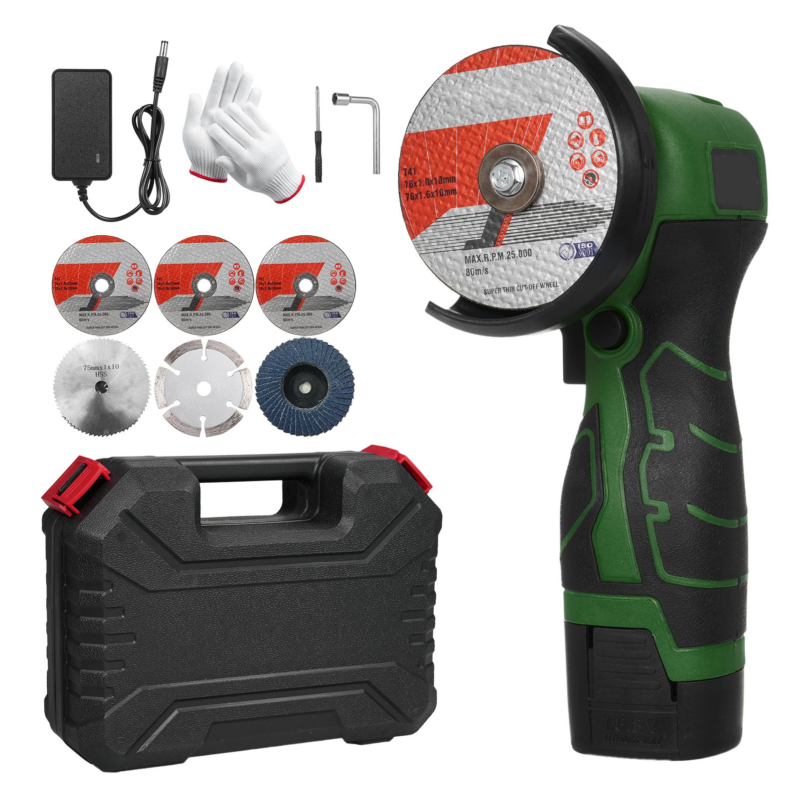 Meuleuse d'angle sans fil 7000 tr/min Outil de meulage électrique Mini meuleuse avec 1 batterie 16,8 V 2000 mAh US Plug & 6 Blades vert foncé