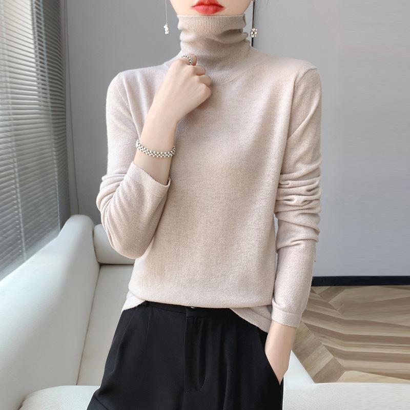 Versatile Pure Wool High Neck Solid Color Women's Slim Top for Spring & Autumn 2023