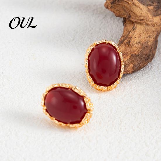 Hypoallergenic Feel Earrings 1 Pair Vintage Oval Stud for Women, Retro Statement Commuter Accessories Office Gemstone Earrings, Gold Frame Chunky