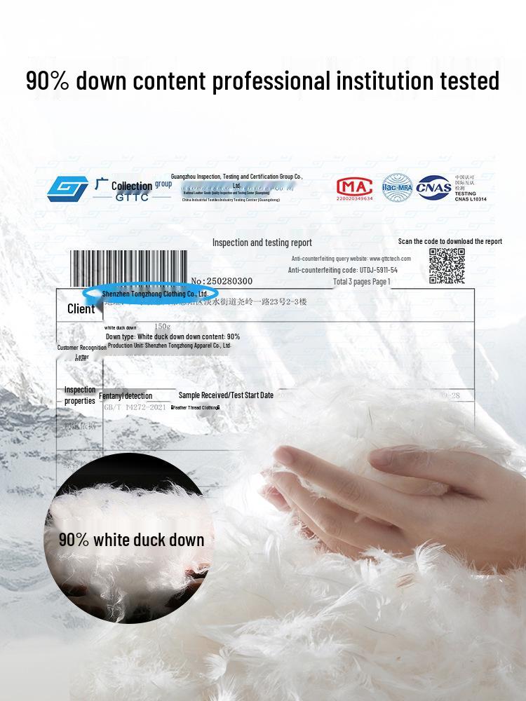 Hochwertige Unisex-Leichtgewicht-Daunenjacke mit Rippenstruktur, 90 % weiße Entendaunen und mit Text bedrucktem Futter