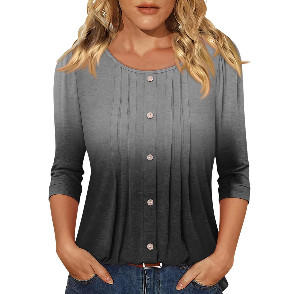 Women's Fashionable Casual Three,quarter Sleeve Button Gradient Round Neck Top