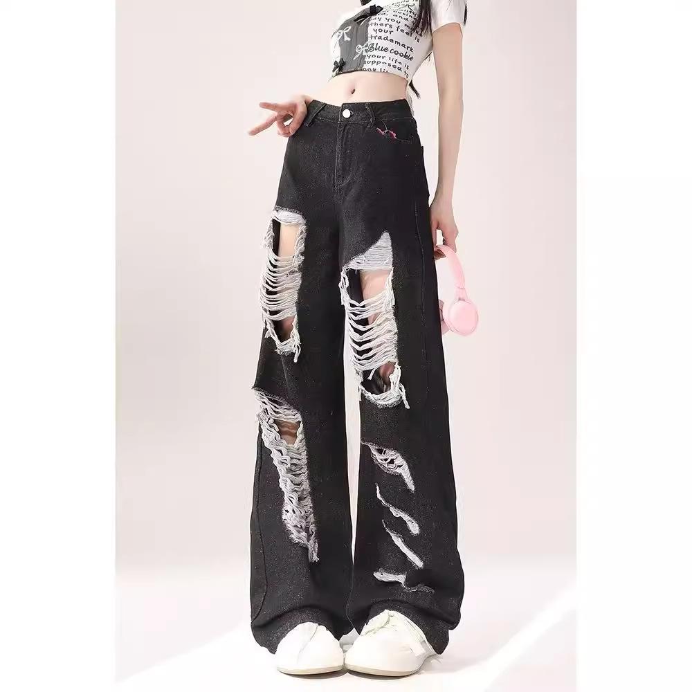 Women's Retro Autumn Wide-Leg Ripped Jeans - Trendy Street Style