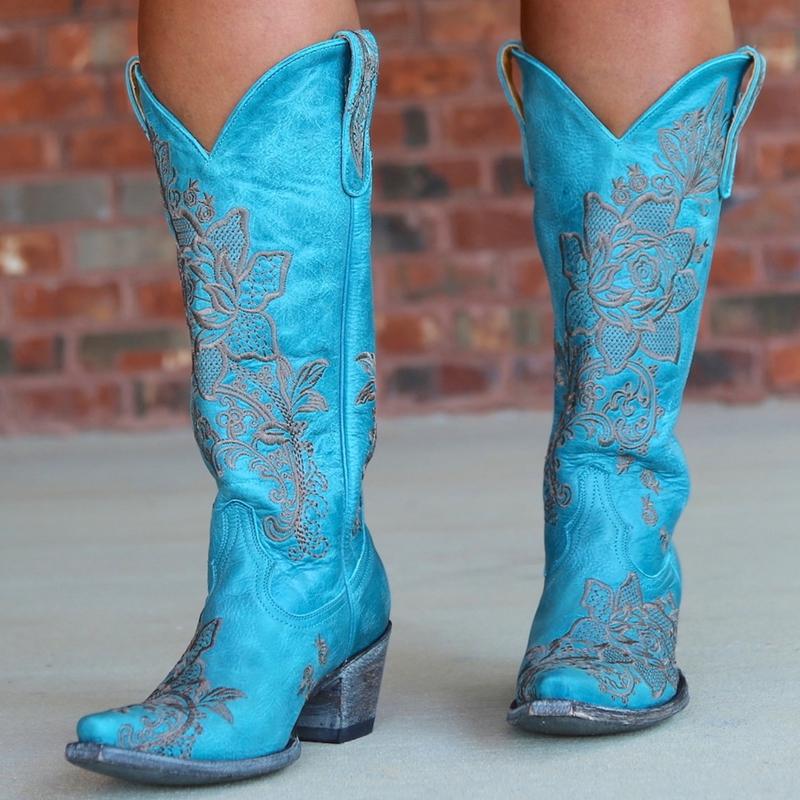 Fashion Western Style Women's Pointed Large Embroidered Rose High Heels Vintage Old Women's Boots High Barrel Western Boots
