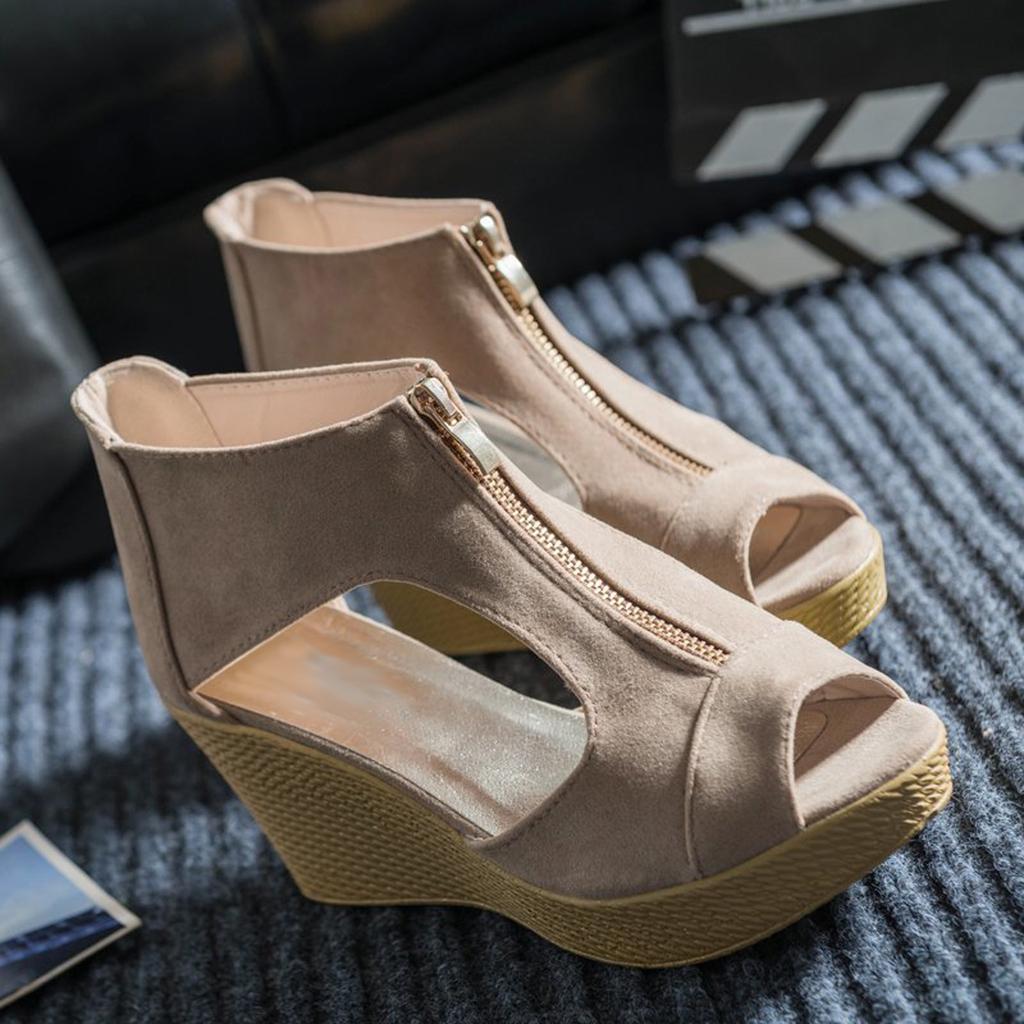 Damenschuhe mit Keilabsatz, Vintage-Stil, High Heels, offene Zehenpartie, Reißverschlüsse, Sandalen