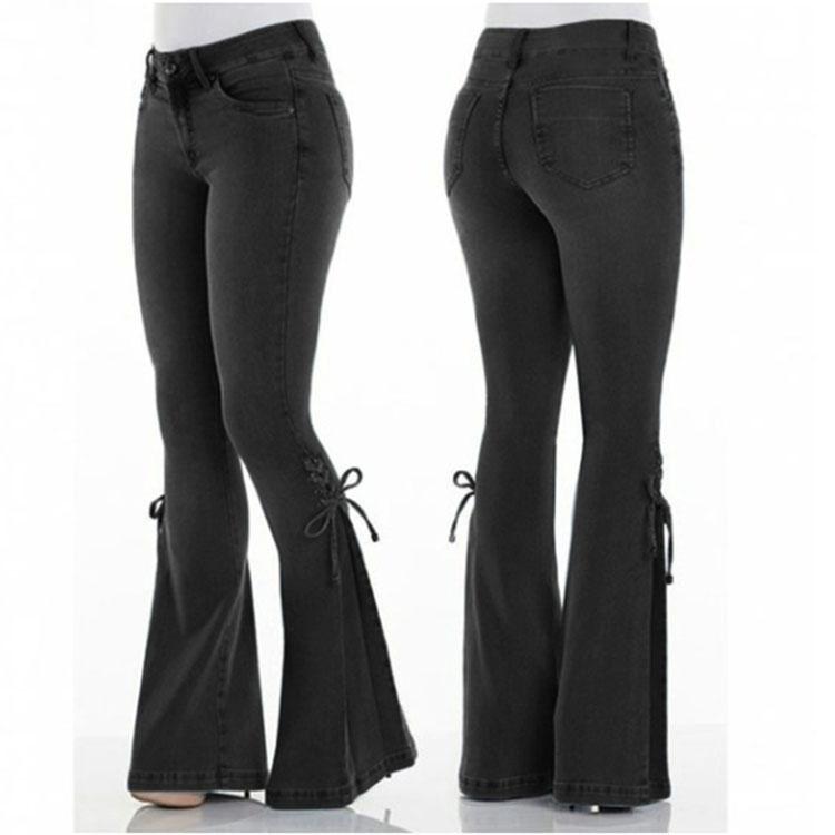 Autumn Women's Casual Mid-waist Tie Denim Trousers
