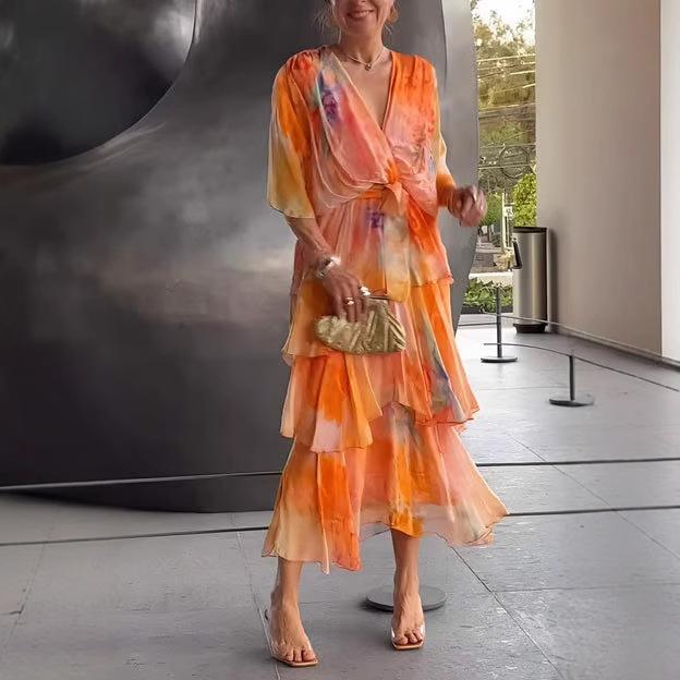 

Tie-Dye V-Neck Flounce Hem Midi Dress with 3/4 Sleeves, Boho Chic Women s Dress XXXL помаранчевий