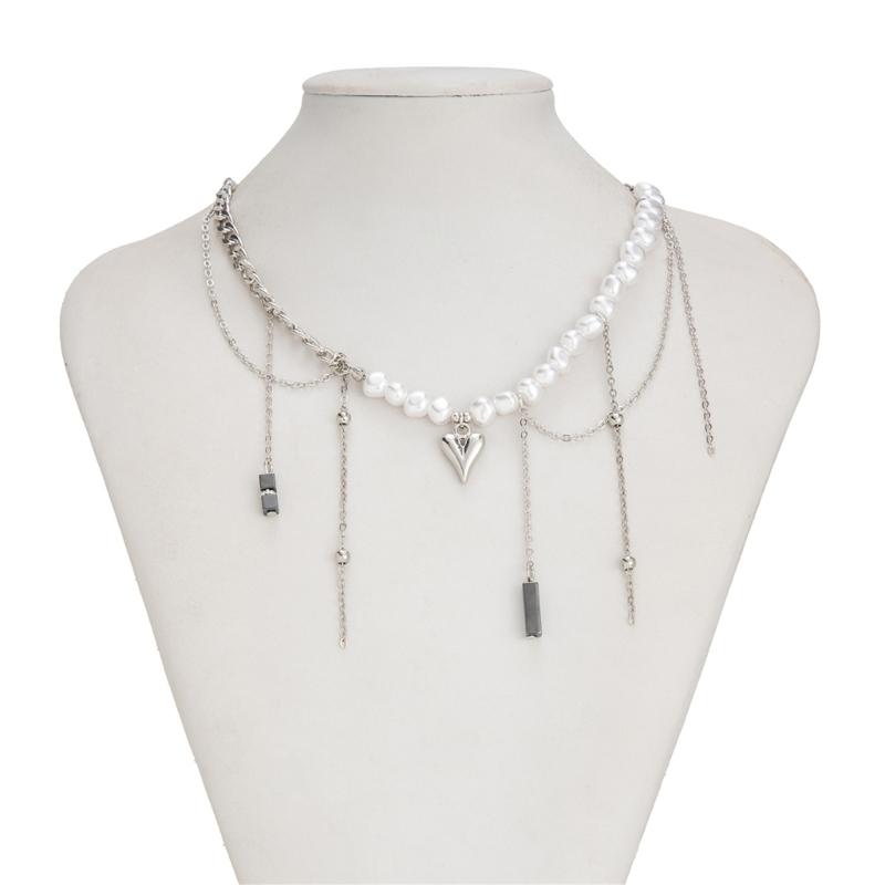 Retro Layer Earrings and Necklace With Bohemian Heart Pendant Pearls Choker And Cuban Chain Jewelry For Women Girls
