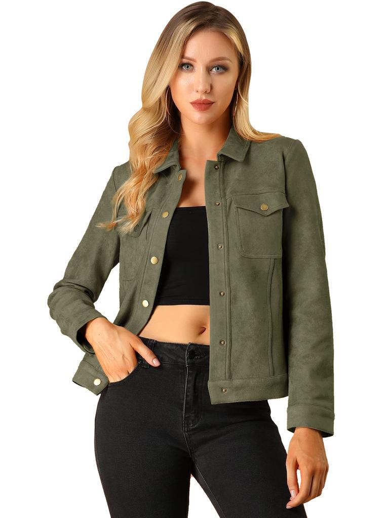 Allegra K Faux Snap Dark Size L Jacket, Suede, Turn-Down Collar, Buttons, Green,