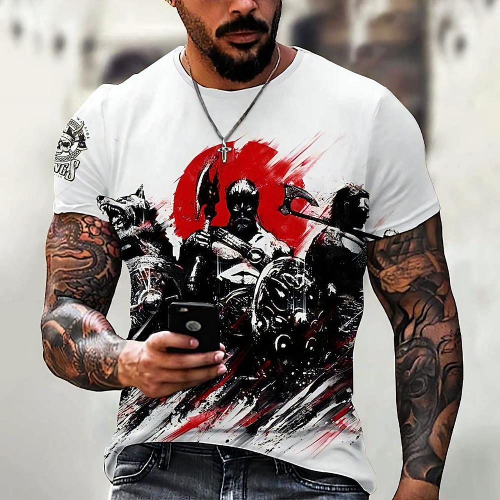 Lustiges 3D Wikinger Krieger Druck Herren T-Shirt Hip Hop Trend Vintage Kleidung Mode O-Ausschnitt Kurzarm Oberteile Sommer Lässig Lockeres T-Shirt