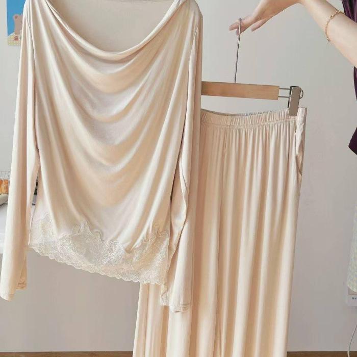 

Pajamas women s spring and autumn sexy long-sleeved trousers set with chest pad pure lace high-end loungewear can be worn outside M