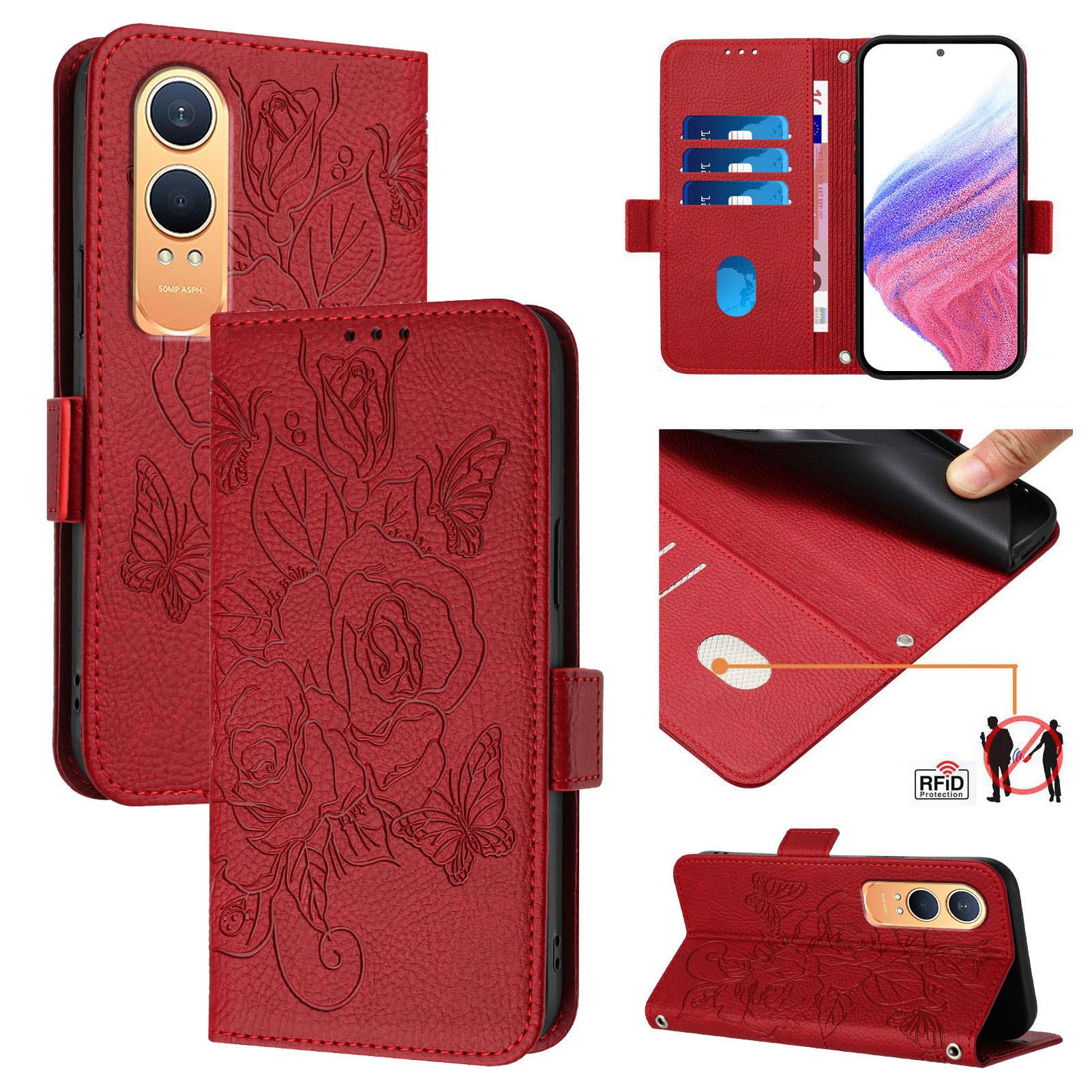 

For OnePlus Nord CE4 Lite 5G Case Rose Imprinted RFID Blocking Leather Phone Cover with Strap Red