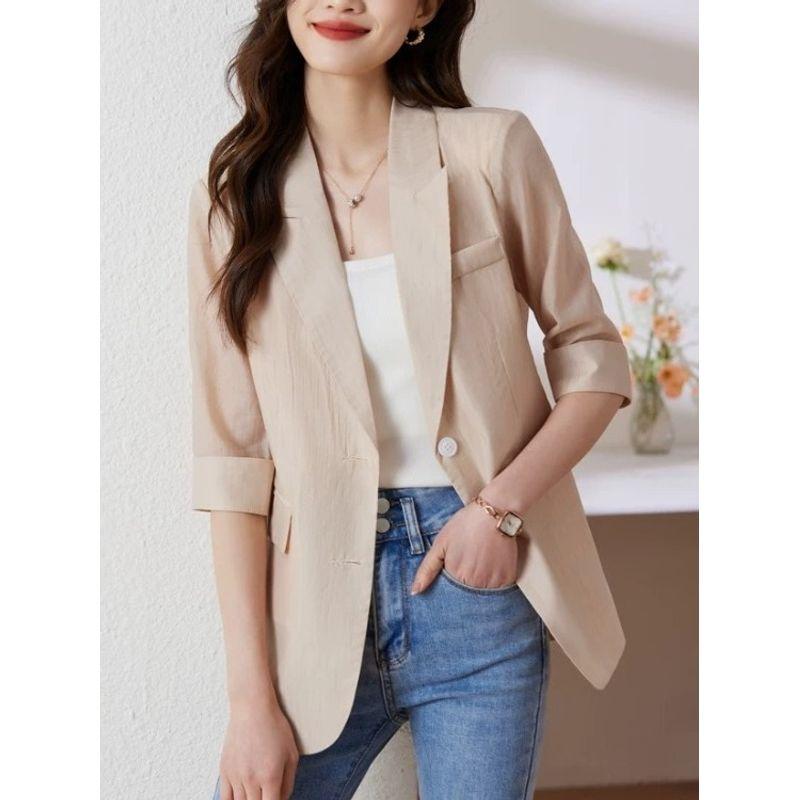 K-style Plus Size New Arrival Work Clothing Ol Two Buttons Thin Solid Color Half Sleeves Small Business Suit Coat Casual Chiffon Sun Protection Shirt