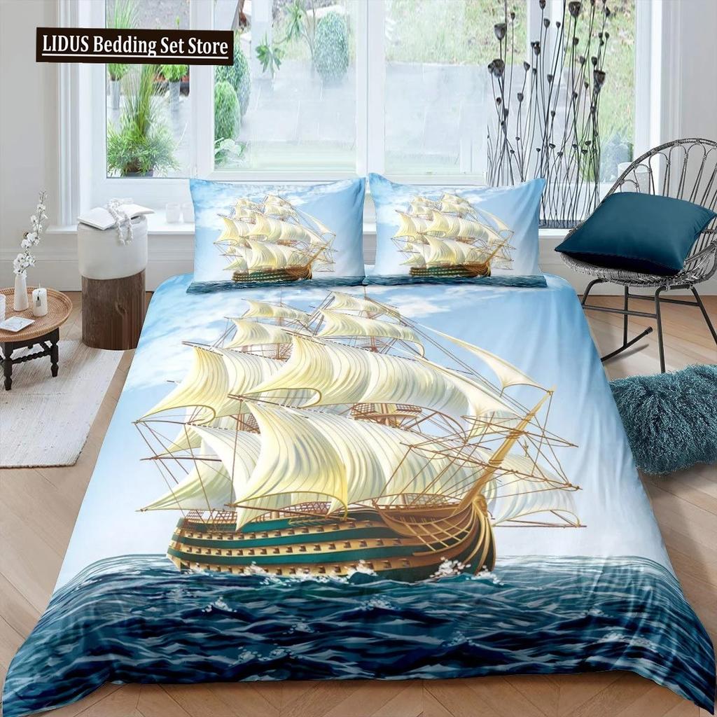 Pirate Duvet Cover Set Queen Sailboat Comforter Set Nautical Ocean Bedding Set Cool Style Quilt Co