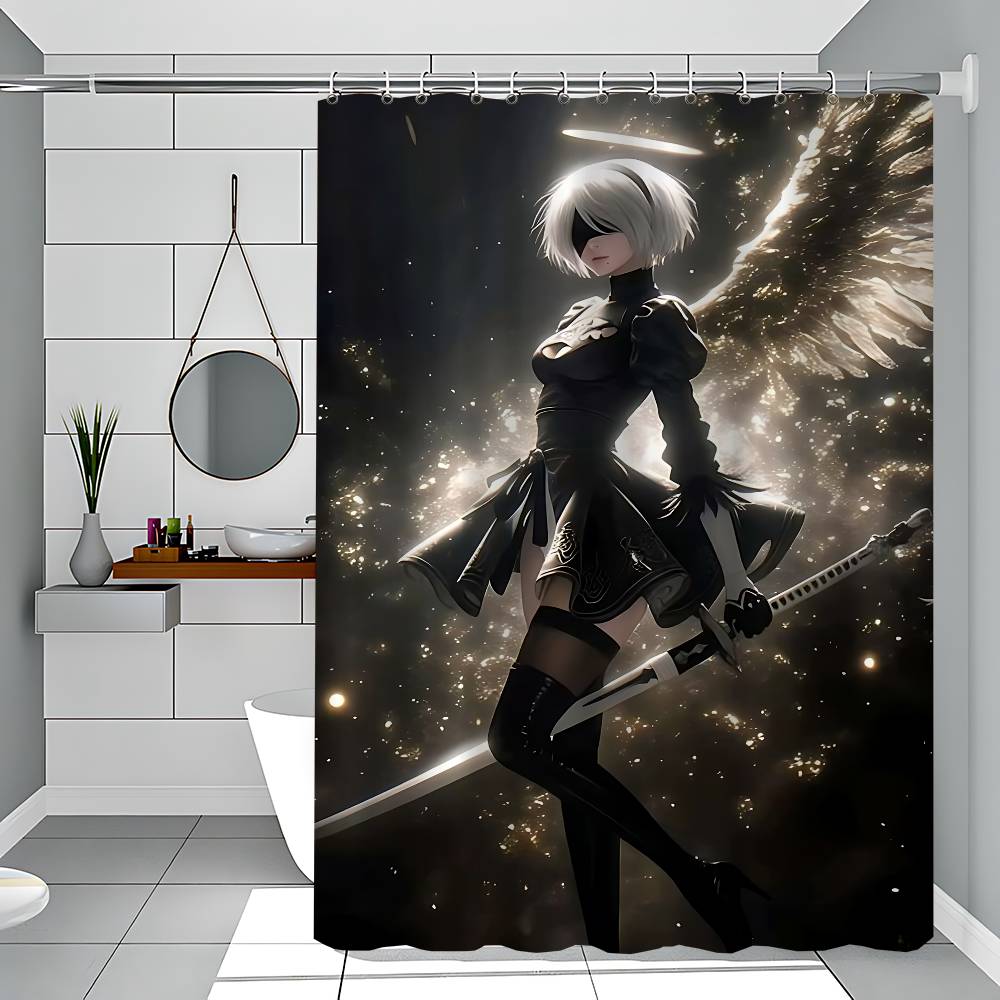 Nier Automata White Shower Curtain, Bathroom Decorative Shower Curtain, Waterproof Shower Curtain With Hooks
