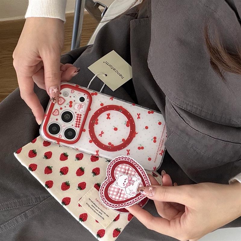 Cherry Heart Bear Magnetic Stand Phone Case for iPhone 17/16 Pro Max/15/14