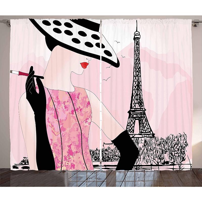 Paris Architecture Pink Window Curtains Bedroom Kitchen Curtain Panel Christmas Home Decor Curtains for Living Room