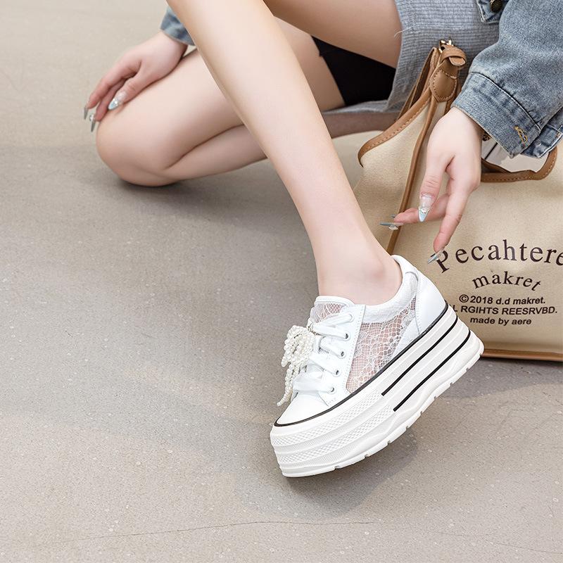 Thick-soled Inner Heightening Women's Lace Heightening Shoes, New Pearl Lace-up Board Shoes In Summer 2025, Breathable Tide