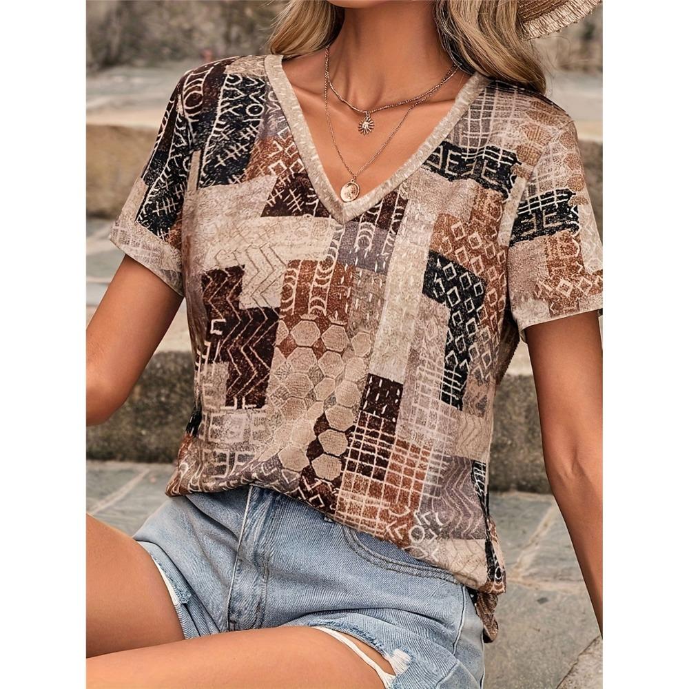 2025 Ethnic Women's T-shirt Retro Graphic Fashion Short-sleeved V-neck Regular Top Daily Printing Tee Summer Spring Casual Top