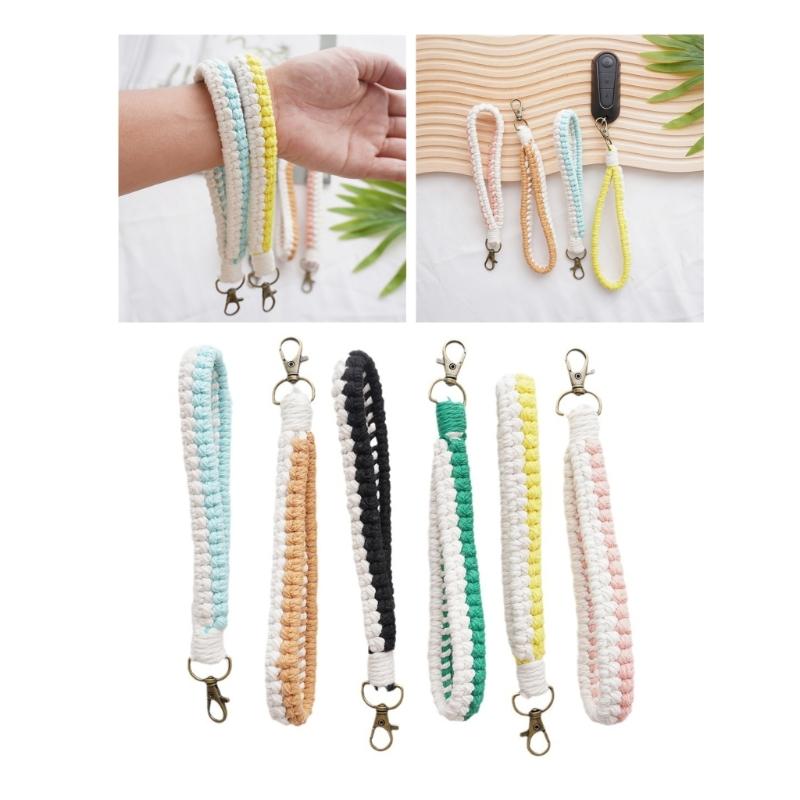 Handmade Cotton Rope Keychain Charm Colorful Braided Wristlet Keyring Soft Woven Key Rings Accessory for Men and Women
