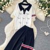 Lässiges Strick-Set mit süßem Welpenmotiv für Damen, Sommer, Umlegekragen Pullover-Top und Weitbeinige Hosen, Zweiteiliges Set für Damen