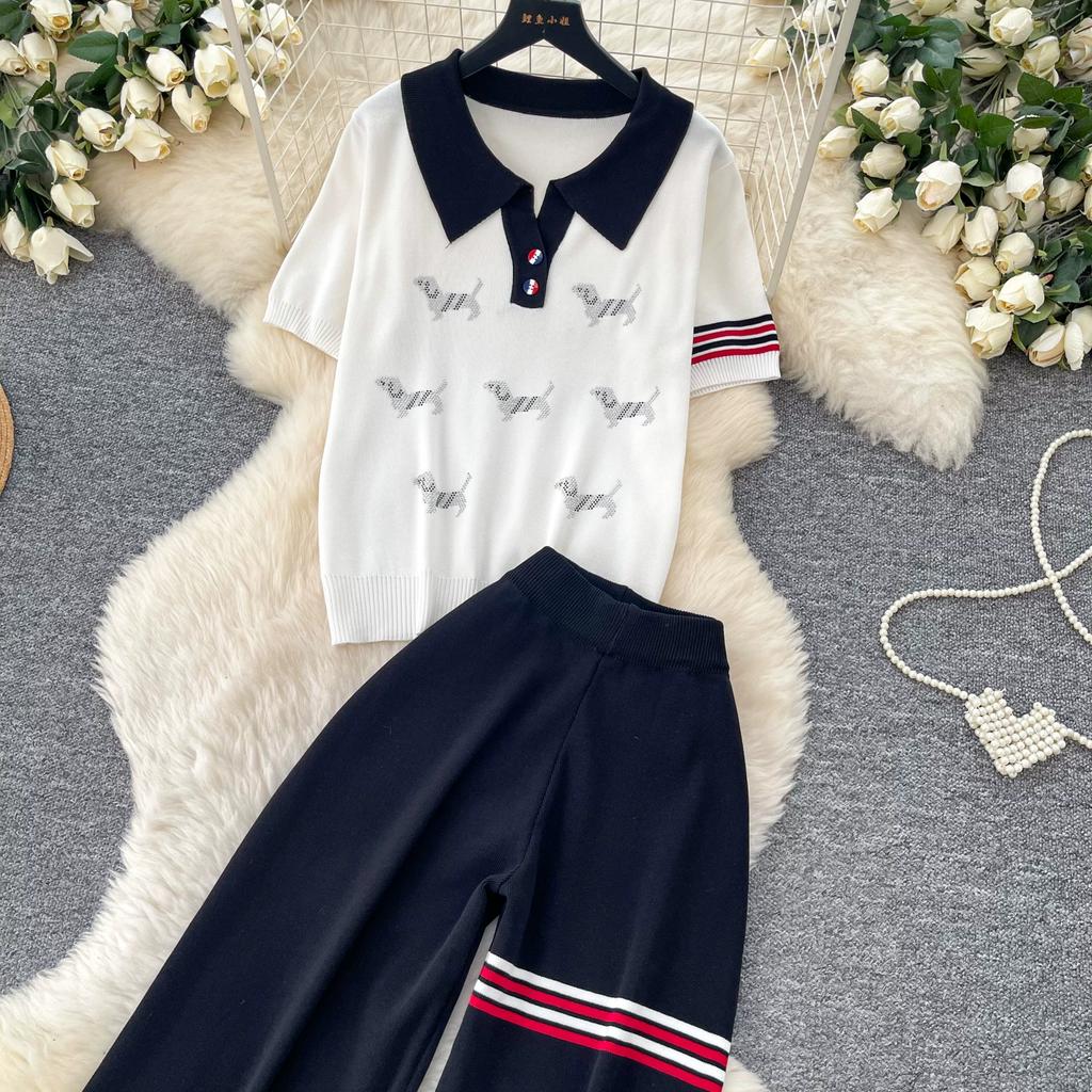 Lässiges Strick-Set mit süßem Welpenmotiv für Damen, Sommer, Umlegekragen Pullover-Top und Weitbeinige Hosen, Zweiteiliges Set für Damen