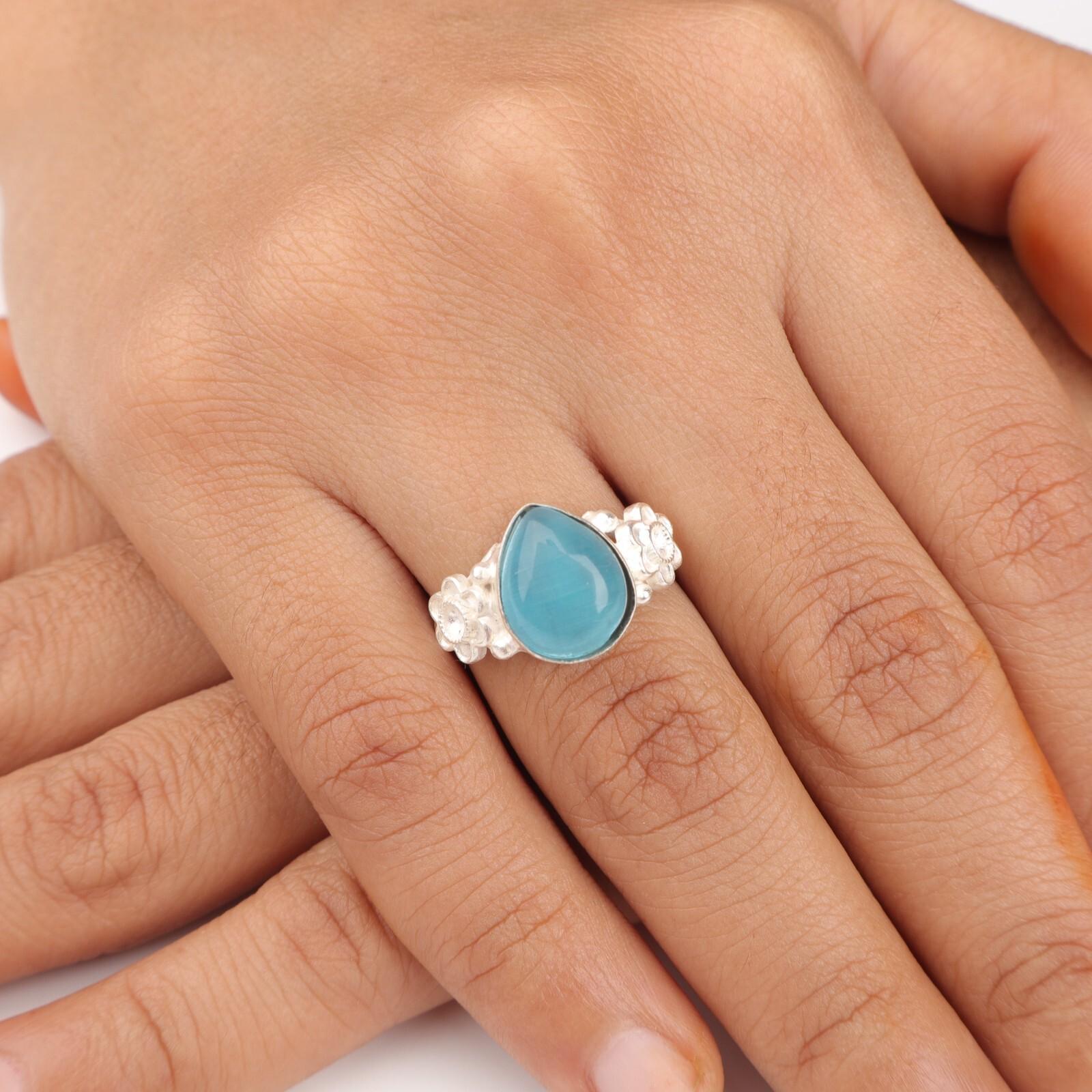 

Синий камень Кошачий глаз Ювелирные изделия из серебра 925 пробы Штампованное Кольцо ручной работы Подарок для нее RR-59-36 13