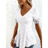 Summer New Women's V-Neck Jacquard Hollow Out Lace Waist-Cinched Fashion Short Sleeve Top T-Shirt for Women