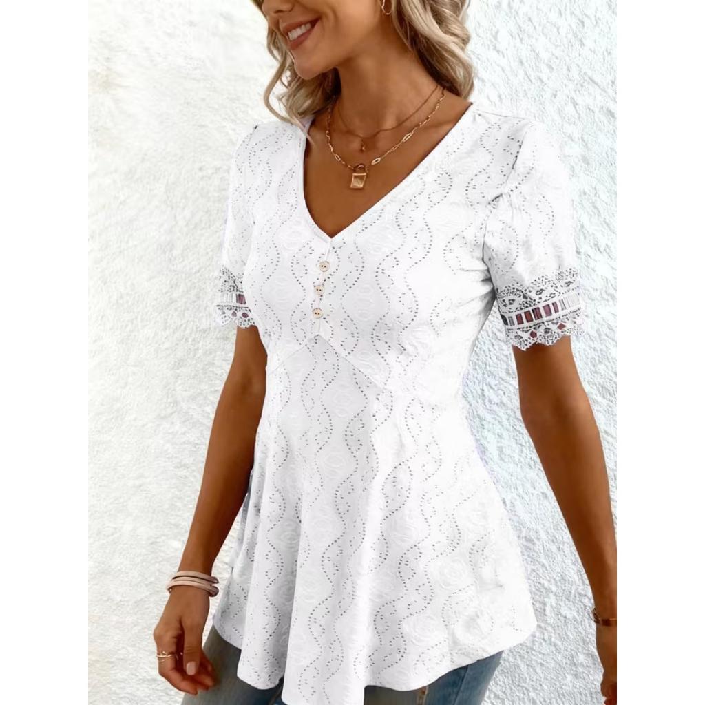 Summer New Women's V-Neck Jacquard Hollow Out Lace Waist-Cinched Fashion Short Sleeve Top T-Shirt for Women