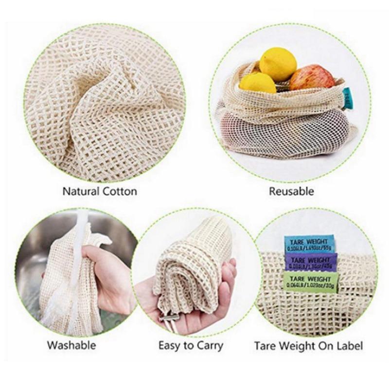 3PCS Reusable Produce Shopping and Storage Bags, Drawstring, Washable Organic Cotton Mesh