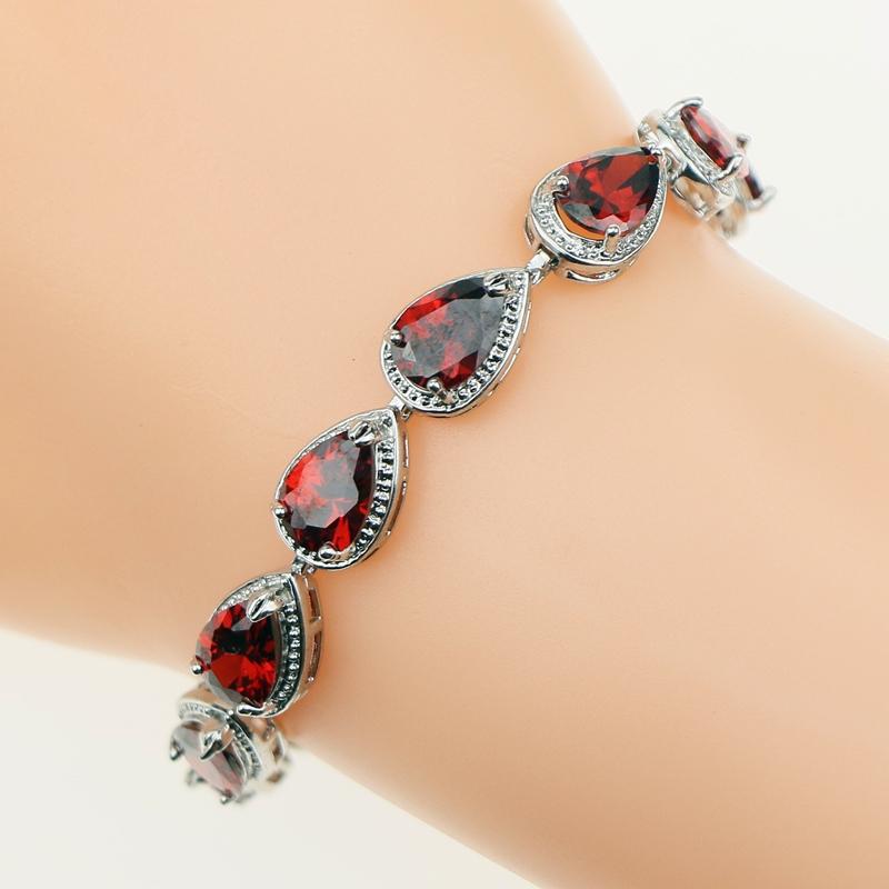 Water Drop Red Garnet CZ 925 Silver Jewelry Length 21cm Link Chain Bracelet for Women Free Gift Box