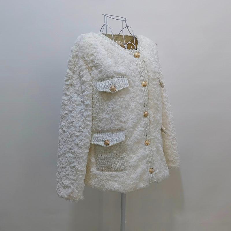 Korean Fashion Lamb Wool Coats Women Streetwear O-Neck Faux Fur Jackets Woman 2024 Autumn Winter Thick Warm Plush Coat