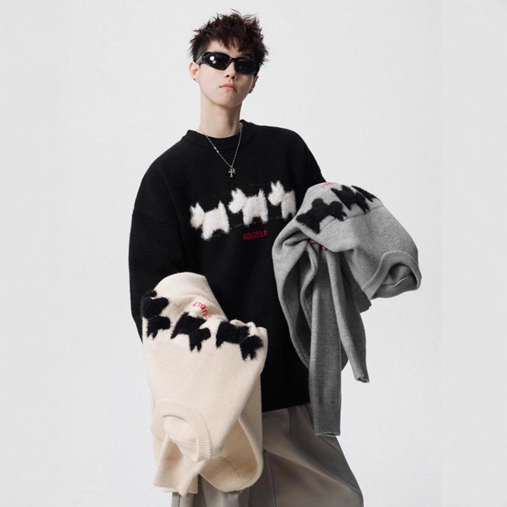 Herren Trendiger Cartoon Tier Mohair Pullover - Herbst/Winter Streetwear, Lässiger Stil, Rundhals Strick Kapuzenpullover