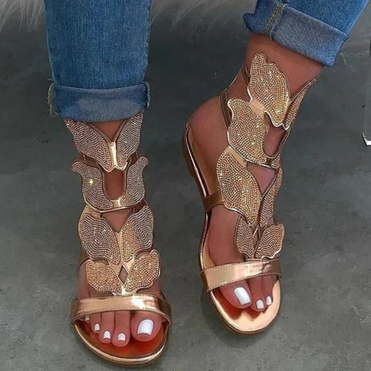 Large size rhinestone sandals women's 2025 new summer one-word flat-bottomed butterfly rhinestone sandals wish2025