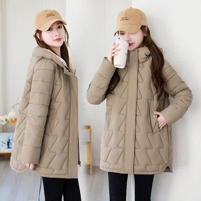 Damen Winter-Stil Diamant-Steppung Kapuze Leichter Baumwollmantel: Elegante mittellange Pendlerjacke