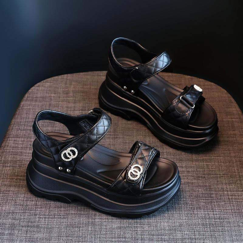 

Internet celebrity sandals women summer wear ins fairy wind 2025 new super fire thick sole versatile 8cm heightening rhinestone 39 чёрный