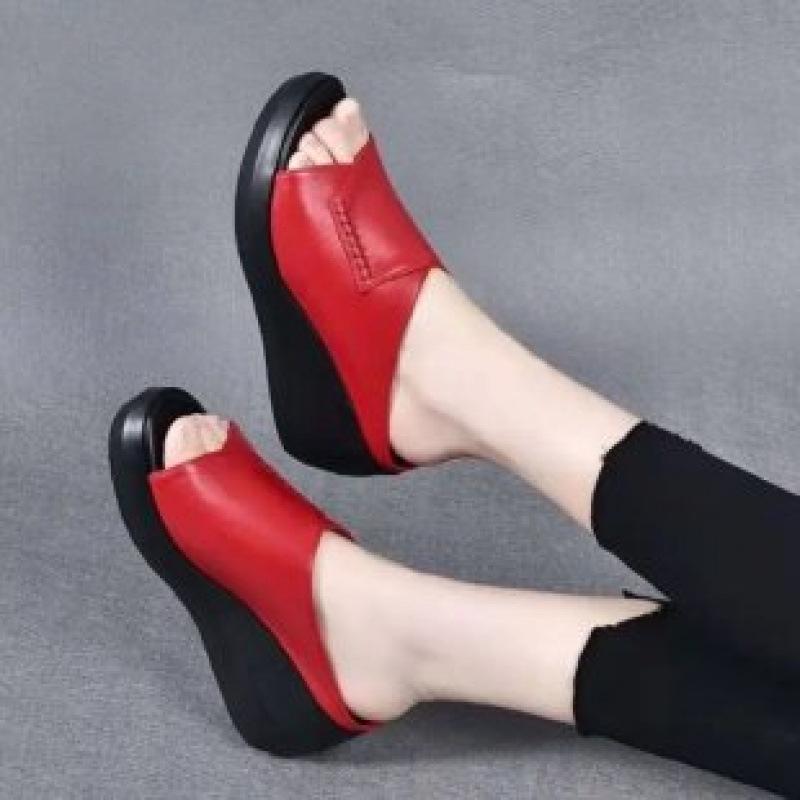 

Slippers women s summer new ethnic style go out wear slope heel fish mouth one-word drag muffin thick bottom retro sandals 40 красный