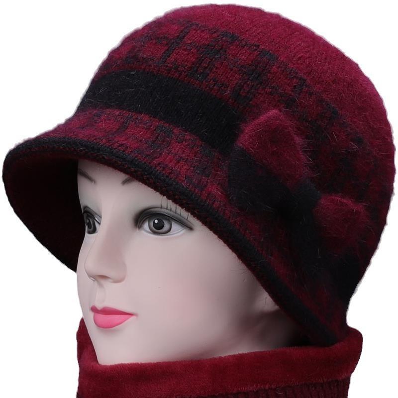 Fleece Thickened Wool Hat Winter New Hat Ladies Bow Warm Big Brim Knitted Hat