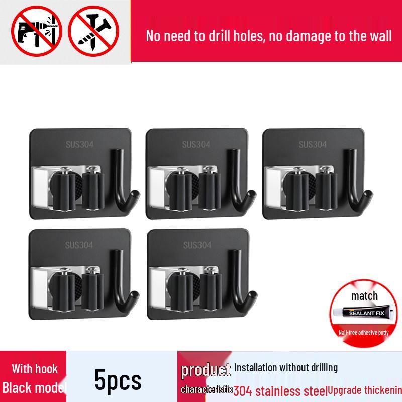 Punch-Free 304 Stainless Steel Mop & Broom Holder - Bathroom Hook & Clip