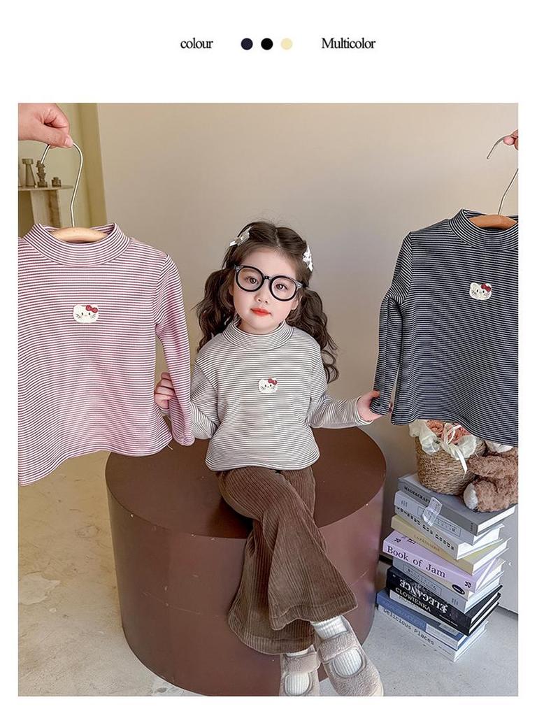 Girls' Fleece-Lined Long-Sleeve T-Shirt - Autumn/Winter Semi-High Collar Top