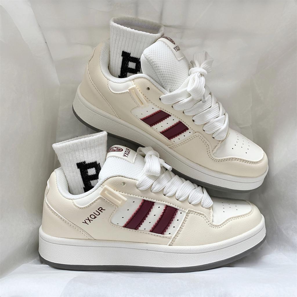 New Autumn Niche Retro Beige Bread Shoes National Versatile Street Shooting Sports and Leisure Shoes Women's White and Red
